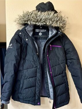 Free Country Black Puffer Jacket with Faux Fur Hood and Purple Trim